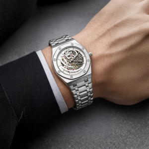 LUXURY MACHENICAL WATCH WITH SKELETON BACK (WHITE DIAL)