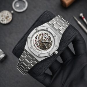 LUXURY MACHENICAL WATCH WITH SKELETON BACK (WHITE DIAL)